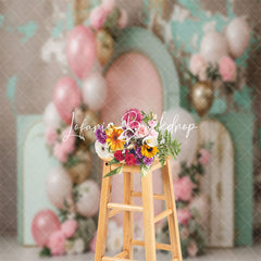 Lofaris Pink Green Balloons Floral Retro Cake Smash Backdrop