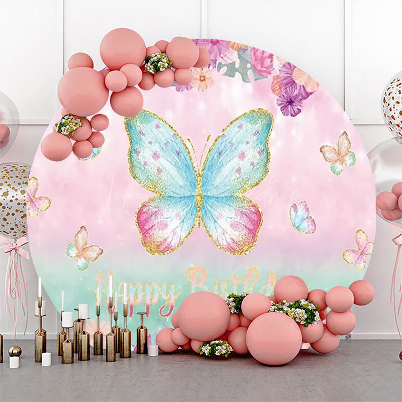 Lofaris Pink Green Butterfly Floral Round Birthday Backdrop