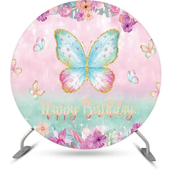 Lofaris Pink Green Butterfly Floral Round Birthday Backdrop