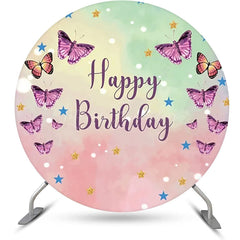 Lofaris Pink Green Purple Butterfly Round Birthday Backdrop