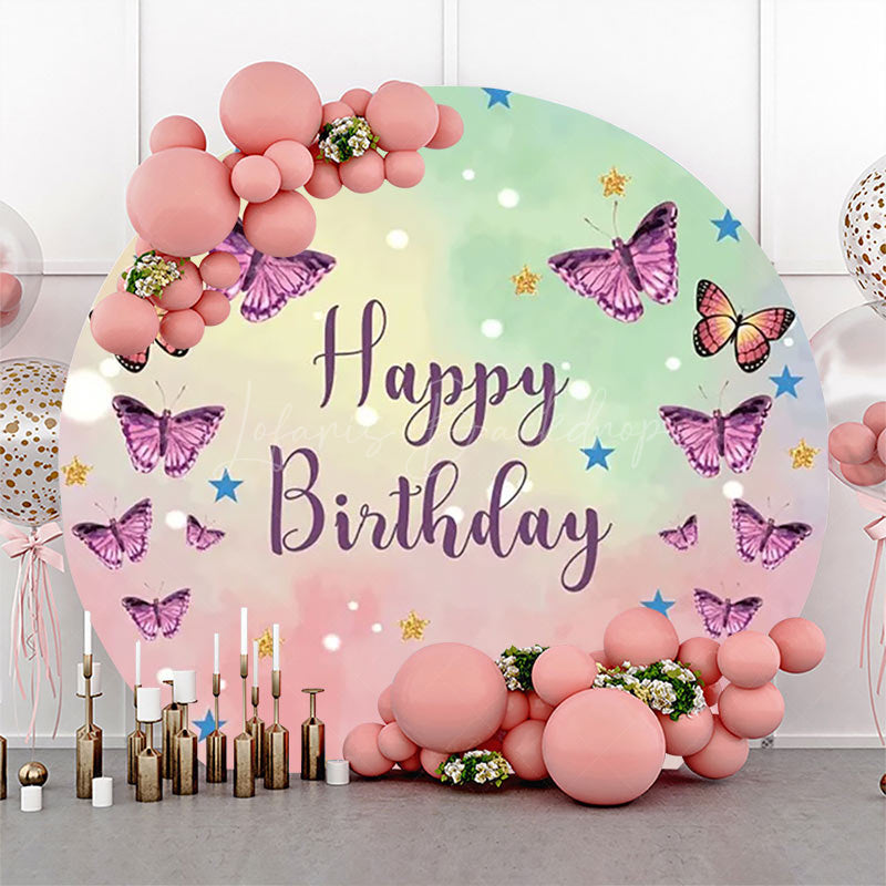 Lofaris Pink Green Purple Butterfly Round Birthday Backdrop