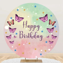 Lofaris Pink Green Purple Butterfly Round Birthday Backdrop