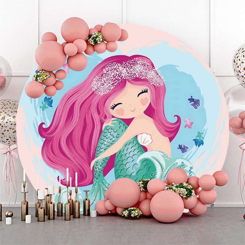 Lofaris Pink Hair Mermaid Fish Circle Girl Birthday Backdrop