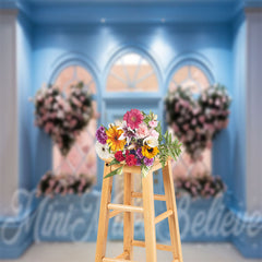 Lofaris Pink Heart Shaped Blue Shop Wall Floral Backdrop