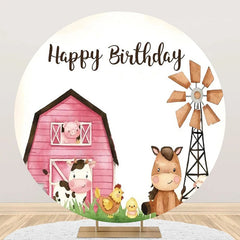 Lofaris Pink House Animals Farm Round Birthday Backdrop