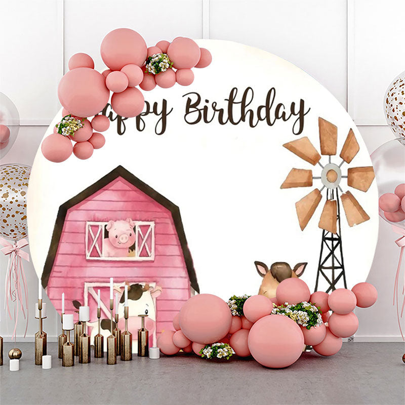 Lofaris Pink House Animals Farm Round Birthday Backdrop