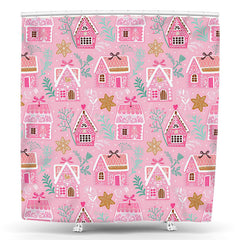 Lofaris Pink House Gold Stars Leaves Birthday Shower Curtain