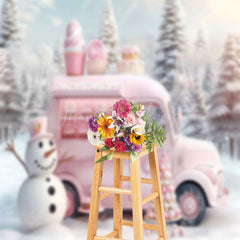 Lofaris Pink Ice Cream Car Snowman Forest Christmas Backdrop