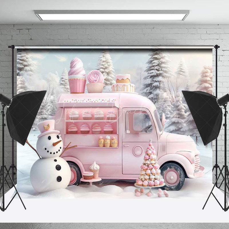 Lofaris Pink Ice Cream Car Snowman Forest Christmas Backdrop