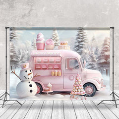 Lofaris Pink Ice Cream Car Snowman Forest Christmas Backdrop