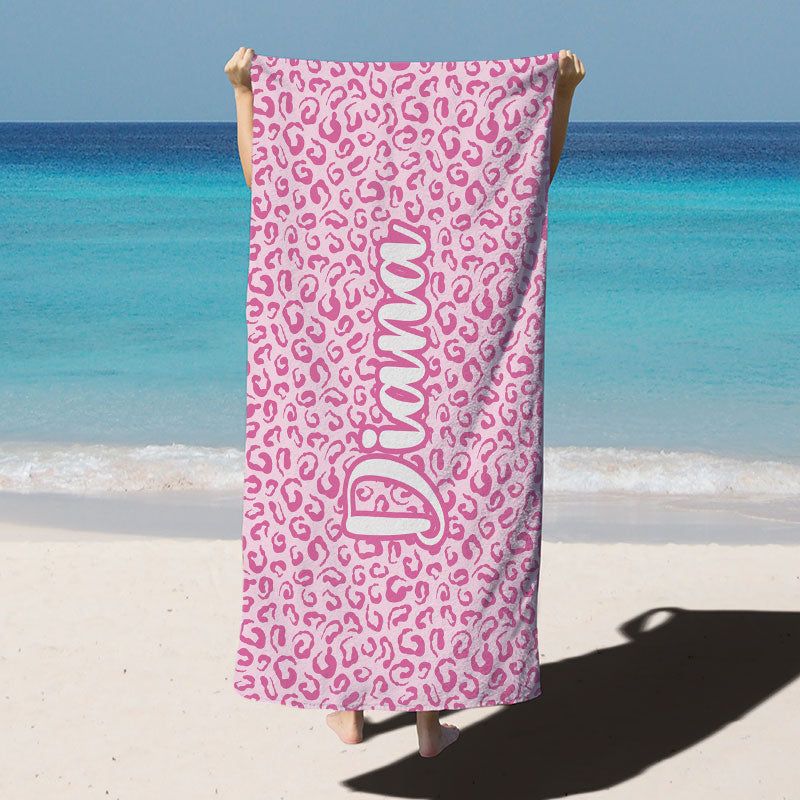 Lofaris Pink Leopard Custom Name Beach Towel for Girls