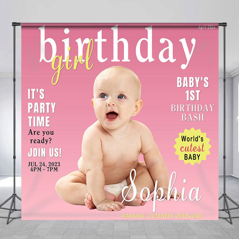 Lofaris Pink Magazine Style Girl Custom Photo Birthday Backdrop