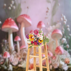 Lofaris Pink Mushroom White Floral Misty Wonderland Backdrop