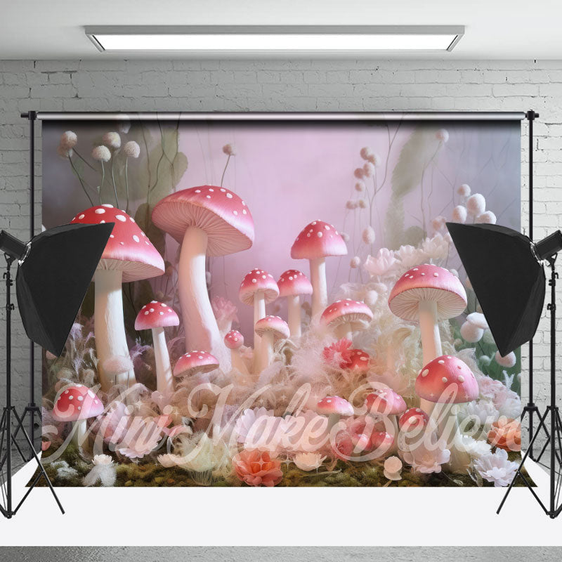 Lofaris Pink Mushroom White Floral Misty Wonderland Backdrop