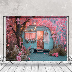 Lofaris Pink Peach Flower Tree Light Blue RV Spring Backdrop