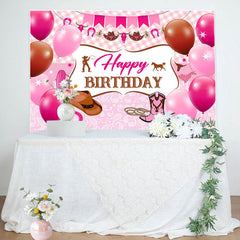 Lofaris Pink Plaid Balloons Cowgirl Boots Birthday Backdrop