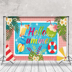 Lofaris Pink Plaid Monstera Floral Pool Hello Summer Backdrop