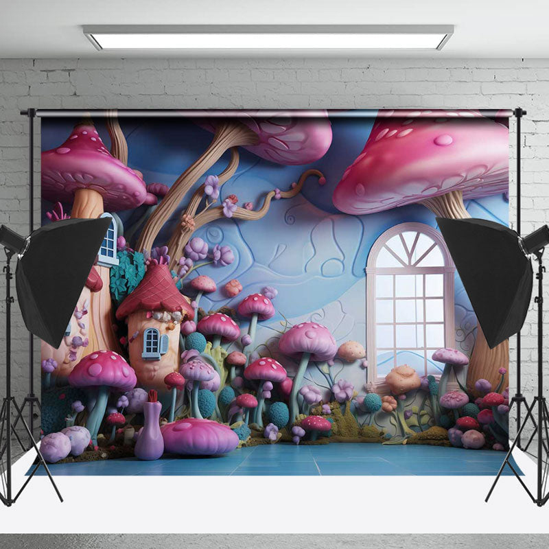 Lofaris Pink Purple Mushroom Town Window Cake Smash Backdrop