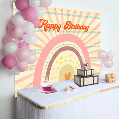 Lofaris Pink Rainbow Stripe Boho Happy Birthday Backdrop