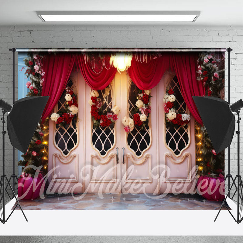 Lofaris Pink Retro Door Red Curtain Floral Photo Backdrop