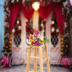 Lofaris Pink Retro Door Red Curtain Floral Photo Backdrop