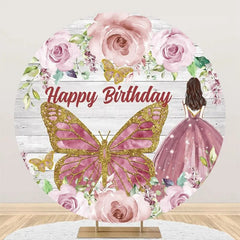 Lofaris Pink Rose Butterfly Wooden Round Birthday Backdrop