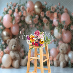 Lofaris Pink Rose Cute Teddy Bear Cake Smash Photo Backdrop