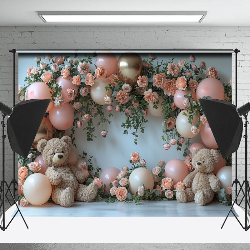 Lofaris Pink Rose Cute Teddy Bear Cake Smash Photo Backdrop