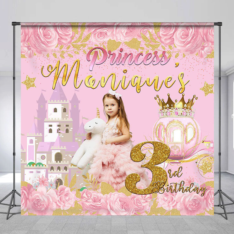 Lofaris Pink Rose Princess Castle Custom 3rd Birthday Backdrop