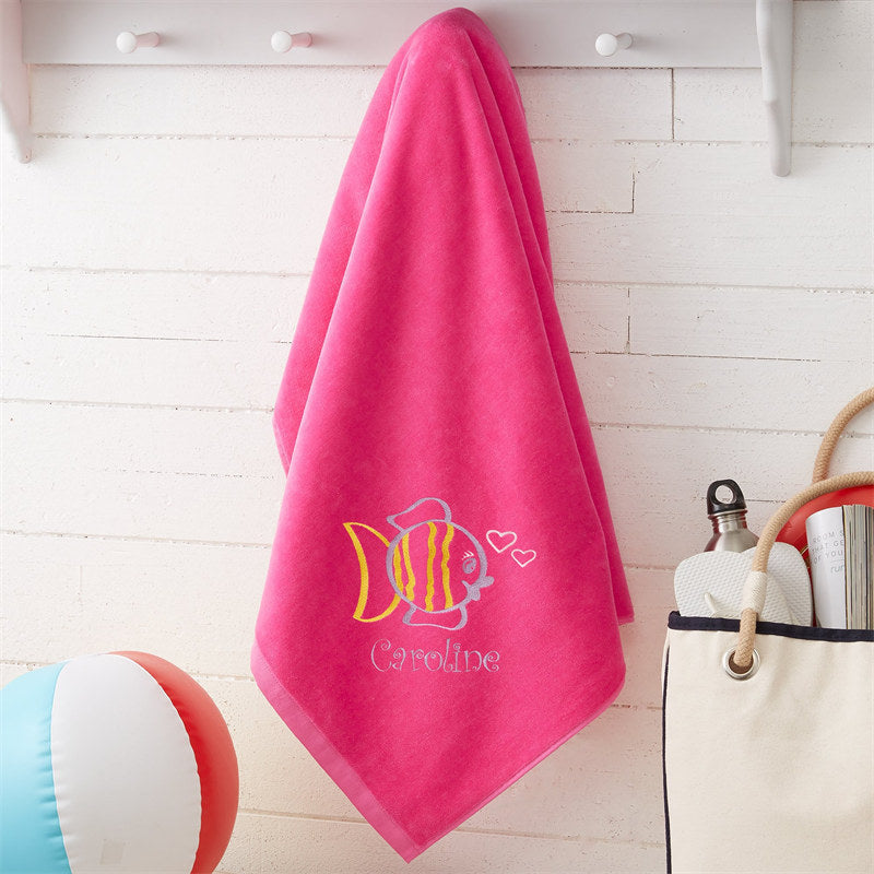 Lofaris Pink Sea Creatures Name Embroidered Beach Towel