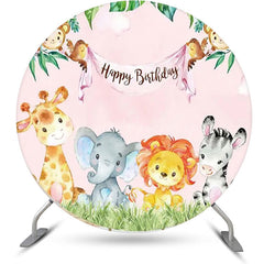 Lofaris Pink Sky Monstera Animals Round Birthday Backdrop