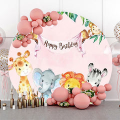 Lofaris Pink Sky Monstera Animals Round Birthday Backdrop