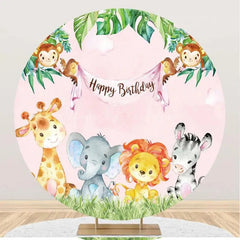 Lofaris Pink Sky Monstera Animals Round Birthday Backdrop