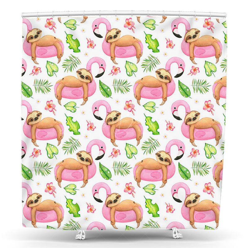 Lofaris Pink Sloth Flamingo Green Leaf Animal Shower Curtain