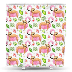 Lofaris Pink Sloth Flamingo Green Leaf Animal Shower Curtain