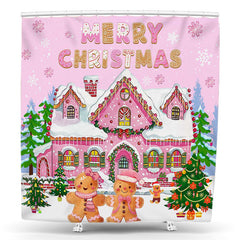 Lofaris Pink Snowy House Tree Merry Christmas Shower Curtain