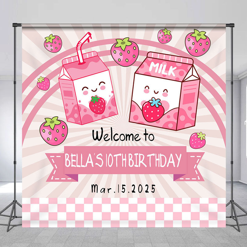 Lofaris Pink Strawberry Milk Customized Birthday Backdrop