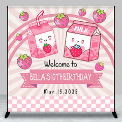 Lofaris Pink Strawberry Milk Customized Birthday Backdrop