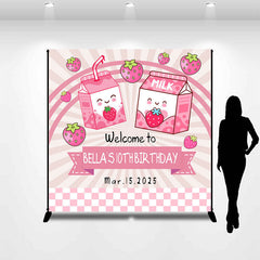 Lofaris Pink Strawberry Milk Customized Birthday Backdrop