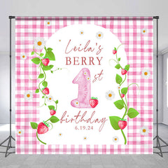 Lofaris Pink Strawberry Plaid Custom 1st Birthday Backdrop