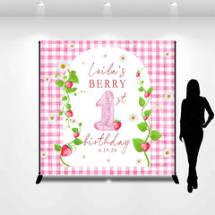 Lofaris Pink Strawberry Plaid Custom 1st Birthday Backdrop