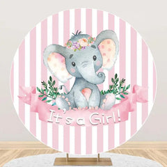 Lofaris Pink Stripe Elephant Leaf Round Baby Shower Backdrop