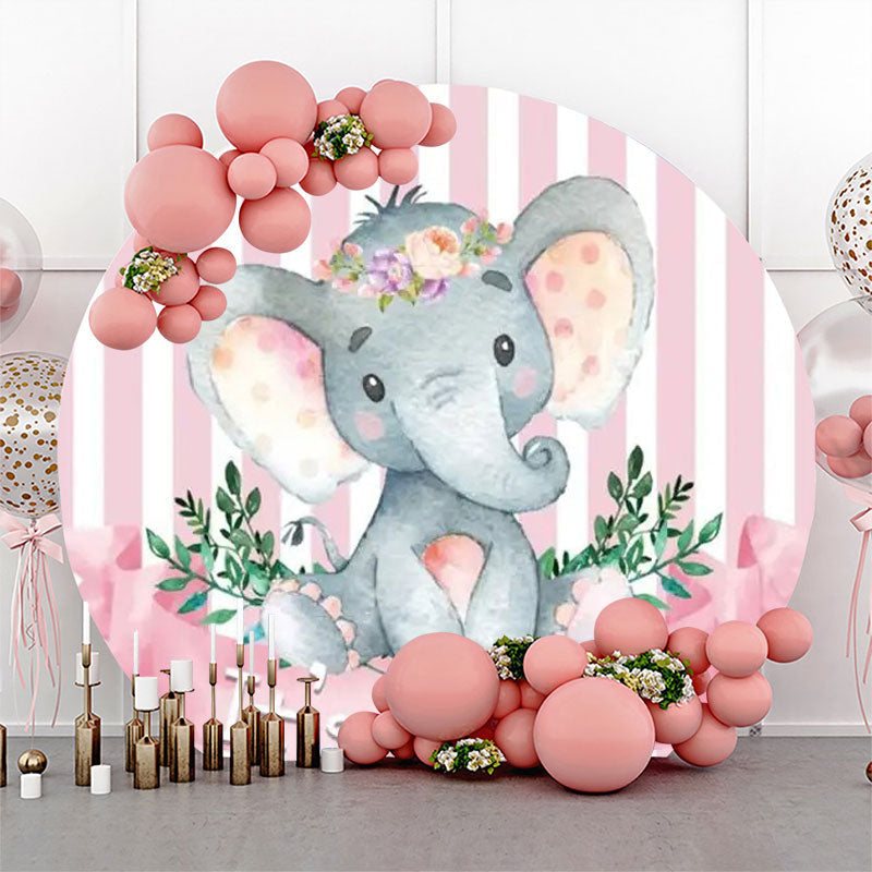 Lofaris Pink Stripe Elephant Leaf Round Baby Shower Backdrop