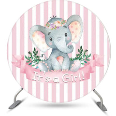 Lofaris Pink Stripe Elephant Leaf Round Baby Shower Backdrop