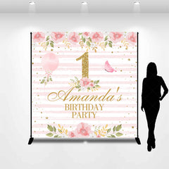 Lofaris Pink Stripe Flowers Custom 1st Birthday Backdrop