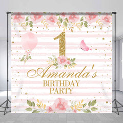 Lofaris Pink Stripe Flowers Custom 1st Birthday Backdrop