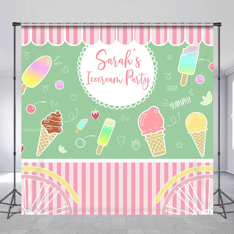 Lofaris Pink Stripe Icecream Party Custom Name Backdrop