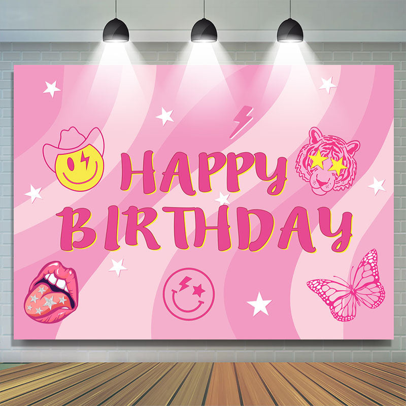 Lofaris Pink Stripe Stars Smile Face Tiger Birthday Backdrop