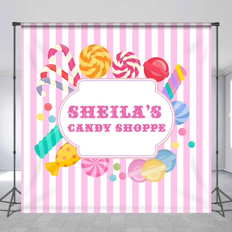 Lofaris Pink Stripes Candy Shoppe Custom Birthday Backdrop