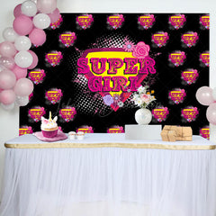 Lofaris Pink Super Girl Floral Black Happy Birthday Backdrop